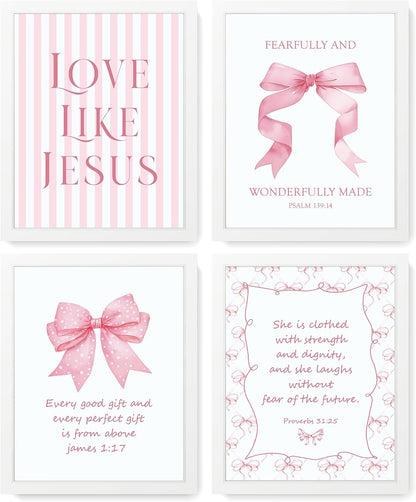 Coquette Yellow Bow Jesus Wall Art Decor Posters, Butter Yellow Bow Christian Room Bedroom Bathroom Dorm Wall Art Decor Aesthetic for College Teen Girls Gifts, Inspirational Bible Verses Bow Wall Decor, 10x8 Inch Set of 4 Bow Pictures(UNFRAMED)