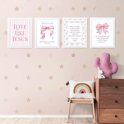 Coquette Yellow Bow Jesus Wall Art Decor Posters, Butter Yellow Bow Christian Room Bedroom Bathroom Dorm Wall Art Decor Aesthetic for College Teen Girls Gifts, Inspirational Bible Verses Bow Wall Decor, 10x8 Inch Set of 4 Bow Pictures(UNFRAMED)