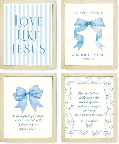 Coquette Yellow Bow Jesus Wall Art Decor Posters, Butter Yellow Bow Christian Room Bedroom Bathroom Dorm Wall Art Decor Aesthetic for College Teen Girls Gifts, Inspirational Bible Verses Bow Wall Decor, 10x8 Inch Set of 4 Bow Pictures(UNFRAMED)