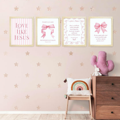 Coquette Yellow Bow Jesus Wall Art Decor Posters, Butter Yellow Bow Christian Room Bedroom Bathroom Dorm Wall Art Decor Aesthetic for College Teen Girls Gifts, Inspirational Bible Verses Bow Wall Decor, 10x8 Inch Set of 4 Bow Pictures(UNFRAMED)