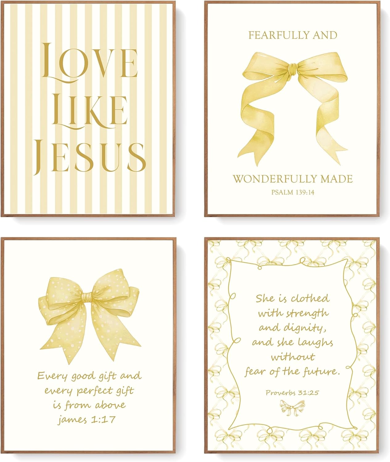 Coquette Yellow Bow Jesus Wall Art Decor Posters, Butter Yellow Bow Christian Room Bedroom Bathroom Dorm Wall Art Decor Aesthetic for College Teen Girls Gifts, Inspirational Bible Verses Bow Wall Decor, 10x8 Inch Set of 4 Bow Pictures(UNFRAMED)