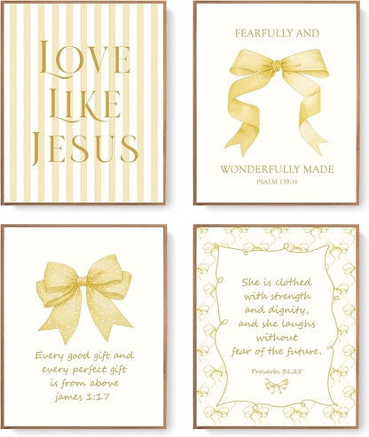 Coquette Yellow Bow Jesus Wall Art Decor Posters, Butter Yellow Bow Christian Room Bedroom Bathroom Dorm Wall Art Decor Aesthetic for College Teen Girls Gifts, Inspirational Bible Verses Bow Wall Decor, 10x8 Inch Set of 4 Bow Pictures(UNFRAMED)