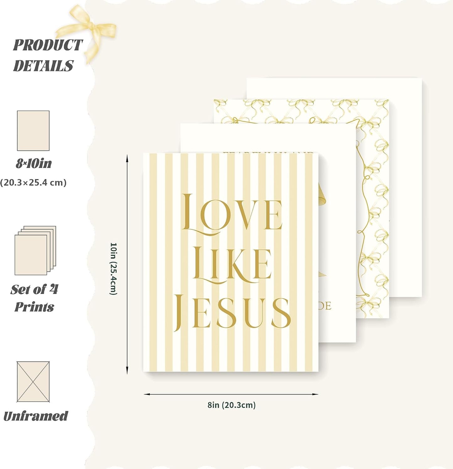 Coquette Yellow Bow Jesus Wall Art Decor Posters, Butter Yellow Bow Christian Room Bedroom Bathroom Dorm Wall Art Decor Aesthetic for College Teen Girls Gifts, Inspirational Bible Verses Bow Wall Decor, 10x8 Inch Set of 4 Bow Pictures(UNFRAMED)