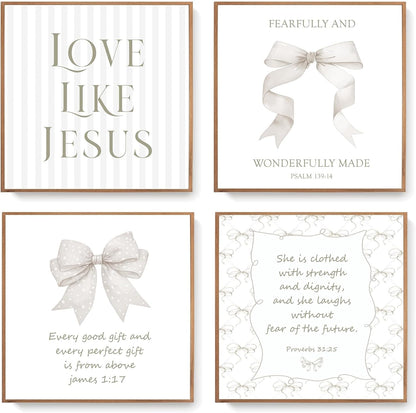 Coquette Yellow Bow Jesus Wall Art Decor Posters, Butter Yellow Bow Christian Room Bedroom Bathroom Dorm Wall Art Decor Aesthetic for College Teen Girls Gifts, Inspirational Bible Verses Bow Wall Decor, 10x8 Inch Set of 4 Bow Pictures(UNFRAMED)