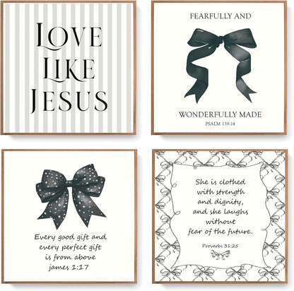 Coquette Yellow Bow Jesus Wall Art Decor Posters, Butter Yellow Bow Christian Room Bedroom Bathroom Dorm Wall Art Decor Aesthetic for College Teen Girls Gifts, Inspirational Bible Verses Bow Wall Decor, 10x8 Inch Set of 4 Bow Pictures(UNFRAMED)