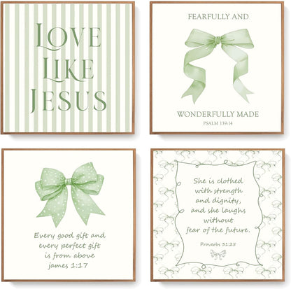Coquette Yellow Bow Jesus Wall Art Decor Posters, Butter Yellow Bow Christian Room Bedroom Bathroom Dorm Wall Art Decor Aesthetic for College Teen Girls Gifts, Inspirational Bible Verses Bow Wall Decor, 10x8 Inch Set of 4 Bow Pictures(UNFRAMED)