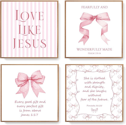 Coquette Yellow Bow Jesus Wall Art Decor Posters, Butter Yellow Bow Christian Room Bedroom Bathroom Dorm Wall Art Decor Aesthetic for College Teen Girls Gifts, Inspirational Bible Verses Bow Wall Decor, 10x8 Inch Set of 4 Bow Pictures(UNFRAMED)