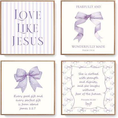 Coquette Yellow Bow Jesus Wall Art Decor Posters, Butter Yellow Bow Christian Room Bedroom Bathroom Dorm Wall Art Decor Aesthetic for College Teen Girls Gifts, Inspirational Bible Verses Bow Wall Decor, 10x8 Inch Set of 4 Bow Pictures(UNFRAMED)