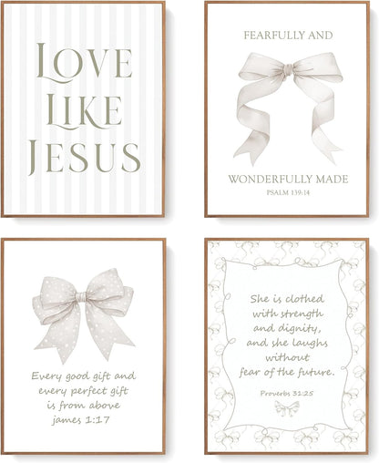 Coquette Yellow Bow Jesus Wall Art Decor Posters, Butter Yellow Bow Christian Room Bedroom Bathroom Dorm Wall Art Decor Aesthetic for College Teen Girls Gifts, Inspirational Bible Verses Bow Wall Decor, 10x8 Inch Set of 4 Bow Pictures(UNFRAMED)