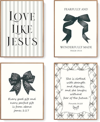 Coquette Yellow Bow Jesus Wall Art Decor Posters, Butter Yellow Bow Christian Room Bedroom Bathroom Dorm Wall Art Decor Aesthetic for College Teen Girls Gifts, Inspirational Bible Verses Bow Wall Decor, 10x8 Inch Set of 4 Bow Pictures(UNFRAMED)