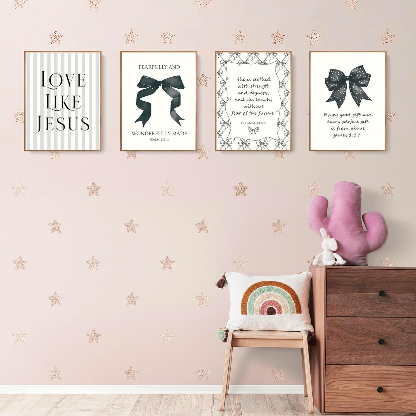Coquette Yellow Bow Jesus Wall Art Decor Posters, Butter Yellow Bow Christian Room Bedroom Bathroom Dorm Wall Art Decor Aesthetic for College Teen Girls Gifts, Inspirational Bible Verses Bow Wall Decor, 10x8 Inch Set of 4 Bow Pictures(UNFRAMED)
