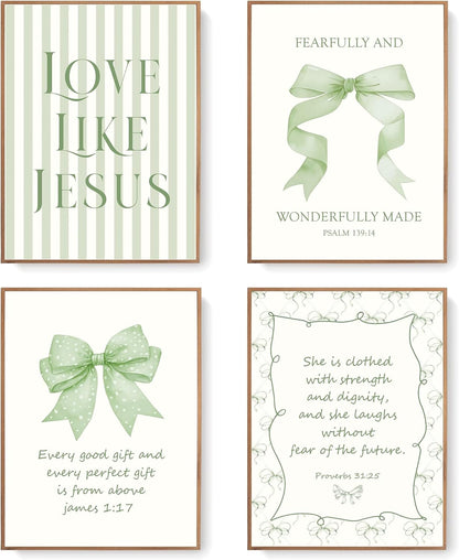 Coquette Yellow Bow Jesus Wall Art Decor Posters, Butter Yellow Bow Christian Room Bedroom Bathroom Dorm Wall Art Decor Aesthetic for College Teen Girls Gifts, Inspirational Bible Verses Bow Wall Decor, 10x8 Inch Set of 4 Bow Pictures(UNFRAMED)