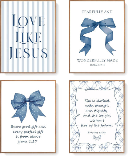 Coquette Yellow Bow Jesus Wall Art Decor Posters, Butter Yellow Bow Christian Room Bedroom Bathroom Dorm Wall Art Decor Aesthetic for College Teen Girls Gifts, Inspirational Bible Verses Bow Wall Decor, 10x8 Inch Set of 4 Bow Pictures(UNFRAMED)