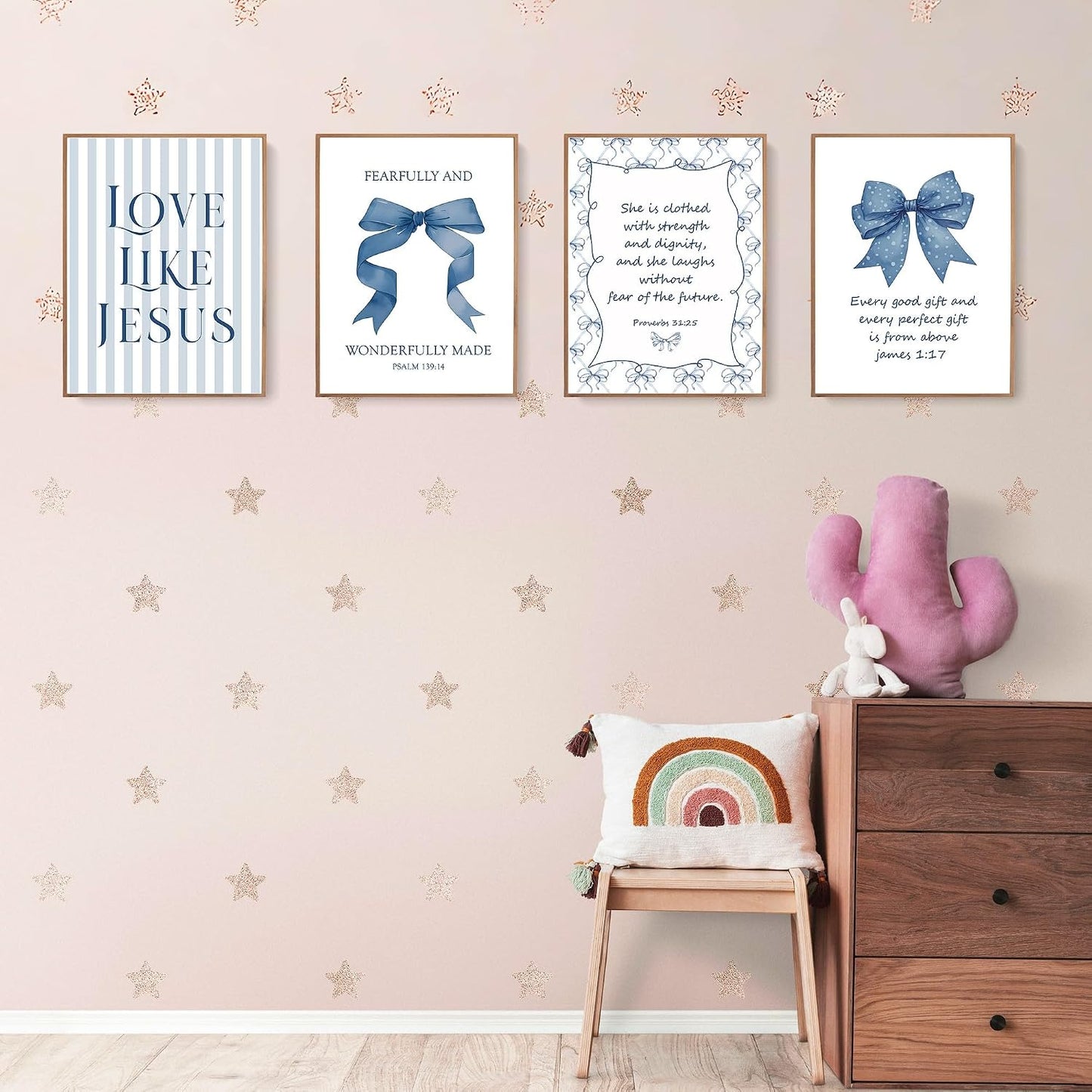 Coquette Yellow Bow Jesus Wall Art Decor Posters, Butter Yellow Bow Christian Room Bedroom Bathroom Dorm Wall Art Decor Aesthetic for College Teen Girls Gifts, Inspirational Bible Verses Bow Wall Decor, 10x8 Inch Set of 4 Bow Pictures(UNFRAMED)