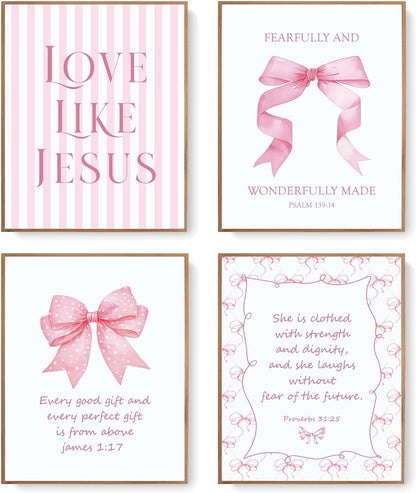 Coquette Yellow Bow Jesus Wall Art Decor Posters, Butter Yellow Bow Christian Room Bedroom Bathroom Dorm Wall Art Decor Aesthetic for College Teen Girls Gifts, Inspirational Bible Verses Bow Wall Decor, 10x8 Inch Set of 4 Bow Pictures(UNFRAMED)