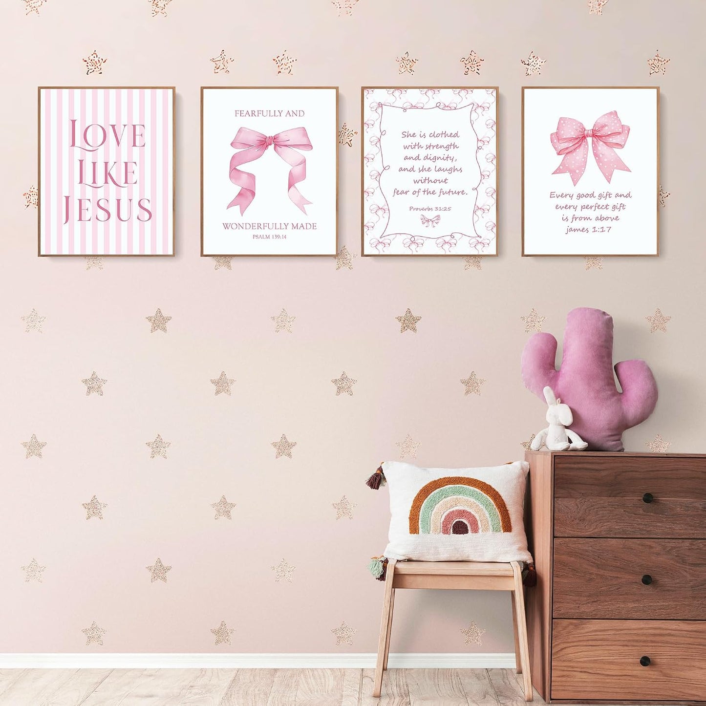 Coquette Yellow Bow Jesus Wall Art Decor Posters, Butter Yellow Bow Christian Room Bedroom Bathroom Dorm Wall Art Decor Aesthetic for College Teen Girls Gifts, Inspirational Bible Verses Bow Wall Decor, 10x8 Inch Set of 4 Bow Pictures(UNFRAMED)
