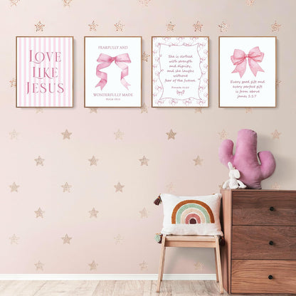 Coquette Yellow Bow Jesus Wall Art Decor Posters, Butter Yellow Bow Christian Room Bedroom Bathroom Dorm Wall Art Decor Aesthetic for College Teen Girls Gifts, Inspirational Bible Verses Bow Wall Decor, 10x8 Inch Set of 4 Bow Pictures(UNFRAMED)