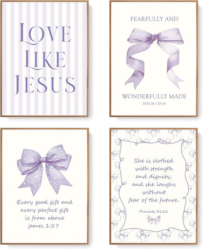Coquette Yellow Bow Jesus Wall Art Decor Posters, Butter Yellow Bow Christian Room Bedroom Bathroom Dorm Wall Art Decor Aesthetic for College Teen Girls Gifts, Inspirational Bible Verses Bow Wall Decor, 10x8 Inch Set of 4 Bow Pictures(UNFRAMED)