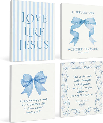 Coquette Yellow Bow Jesus Wall Art Decor Posters, Butter Yellow Bow Christian Room Bedroom Bathroom Dorm Wall Art Decor Aesthetic for College Teen Girls Gifts, Inspirational Bible Verses Bow Wall Decor, 10x8 Inch Set of 4 Bow Pictures(UNFRAMED)