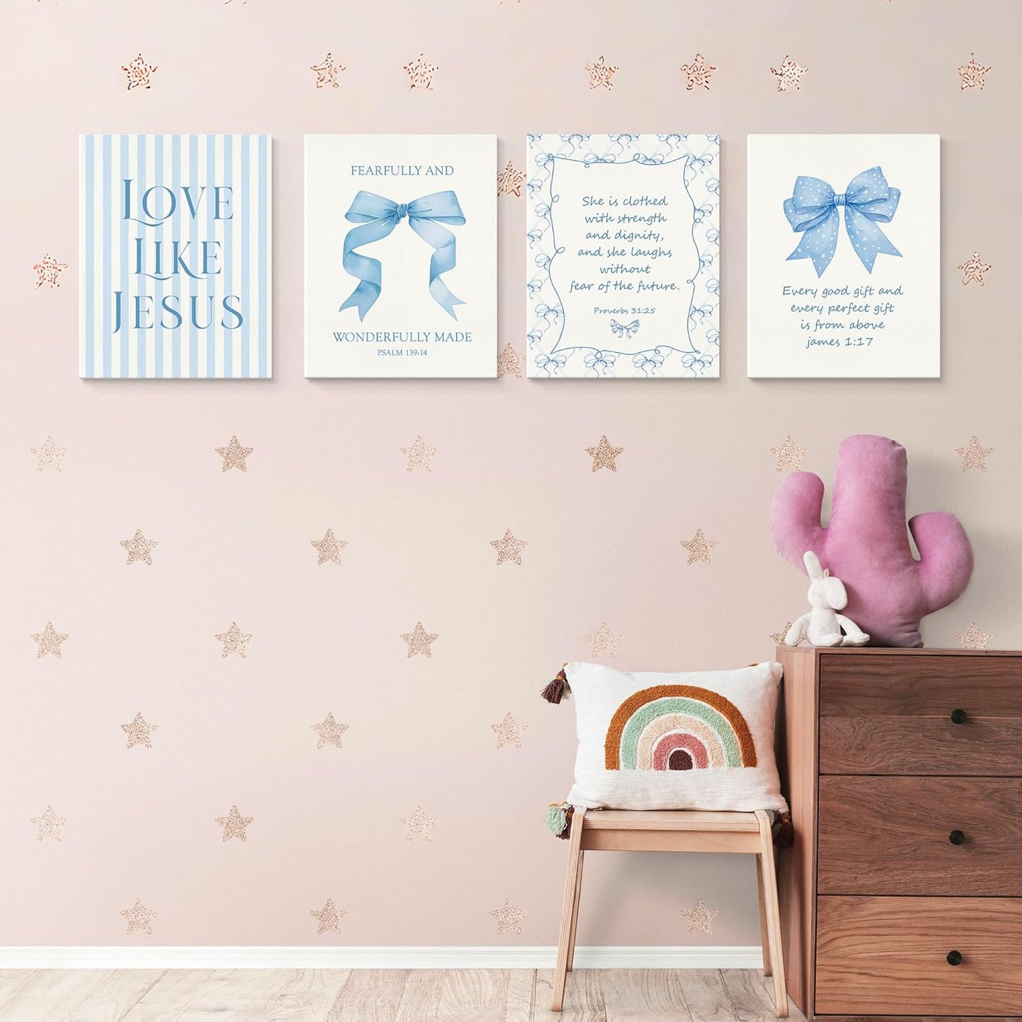Coquette Yellow Bow Jesus Wall Art Decor Posters, Butter Yellow Bow Christian Room Bedroom Bathroom Dorm Wall Art Decor Aesthetic for College Teen Girls Gifts, Inspirational Bible Verses Bow Wall Decor, 10x8 Inch Set of 4 Bow Pictures(UNFRAMED)