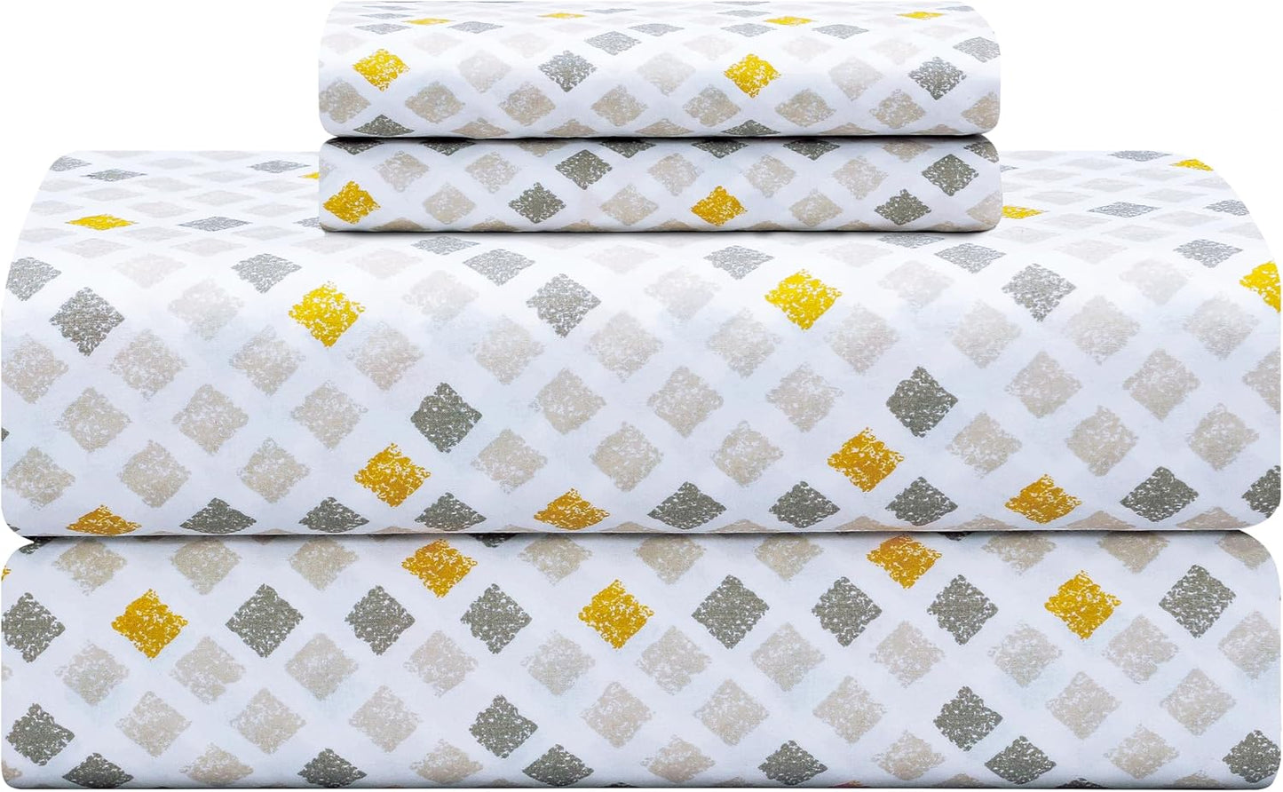Feather & Stitch Softest 100% Cotton Sheets, 300 Thread Count Percale Weave Bedding, 16" Deep Pocket, Cooling Sheets, Breathable Bed Set, Hotel Premium Quality (Queen, Yellow Diamond)