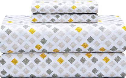 Feather & Stitch Softest 100% Cotton Sheets, 300 Thread Count Percale Weave Bedding, 16" Deep Pocket, Cooling Sheets, Breathable Bed Set, Hotel Premium Quality (Queen, Yellow Diamond)