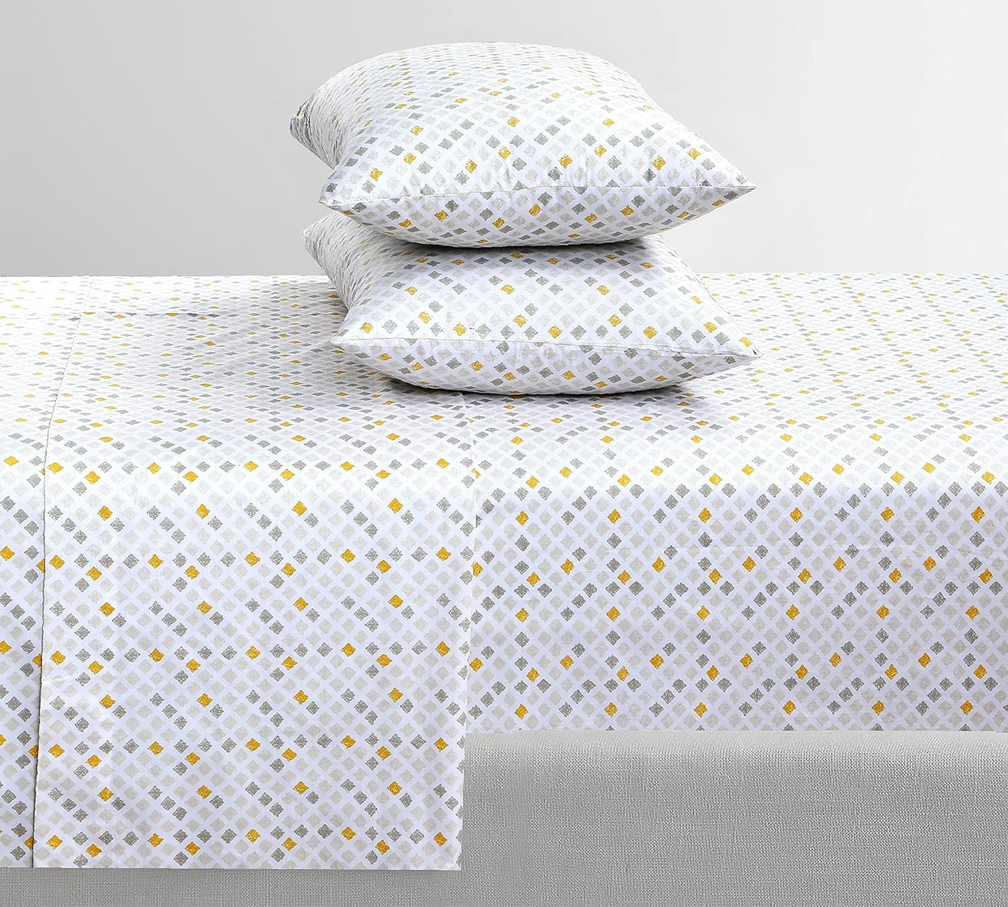Feather & Stitch Softest 100% Cotton Sheets, 300 Thread Count Percale Weave Bedding, 16" Deep Pocket, Cooling Sheets, Breathable Bed Set, Hotel Premium Quality (Queen, Yellow Diamond)
