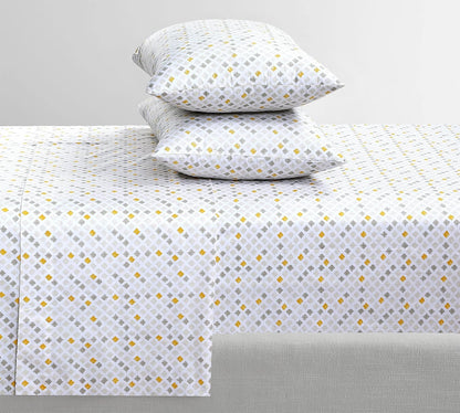 Feather & Stitch Softest 100% Cotton Sheets, 300 Thread Count Percale Weave Bedding, 16" Deep Pocket, Cooling Sheets, Breathable Bed Set, Hotel Premium Quality (Queen, Yellow Diamond)