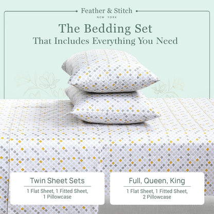 Feather & Stitch Softest 100% Cotton Sheets, 300 Thread Count Percale Weave Bedding, 16" Deep Pocket, Cooling Sheets, Breathable Bed Set, Hotel Premium Quality (Queen, Yellow Diamond)