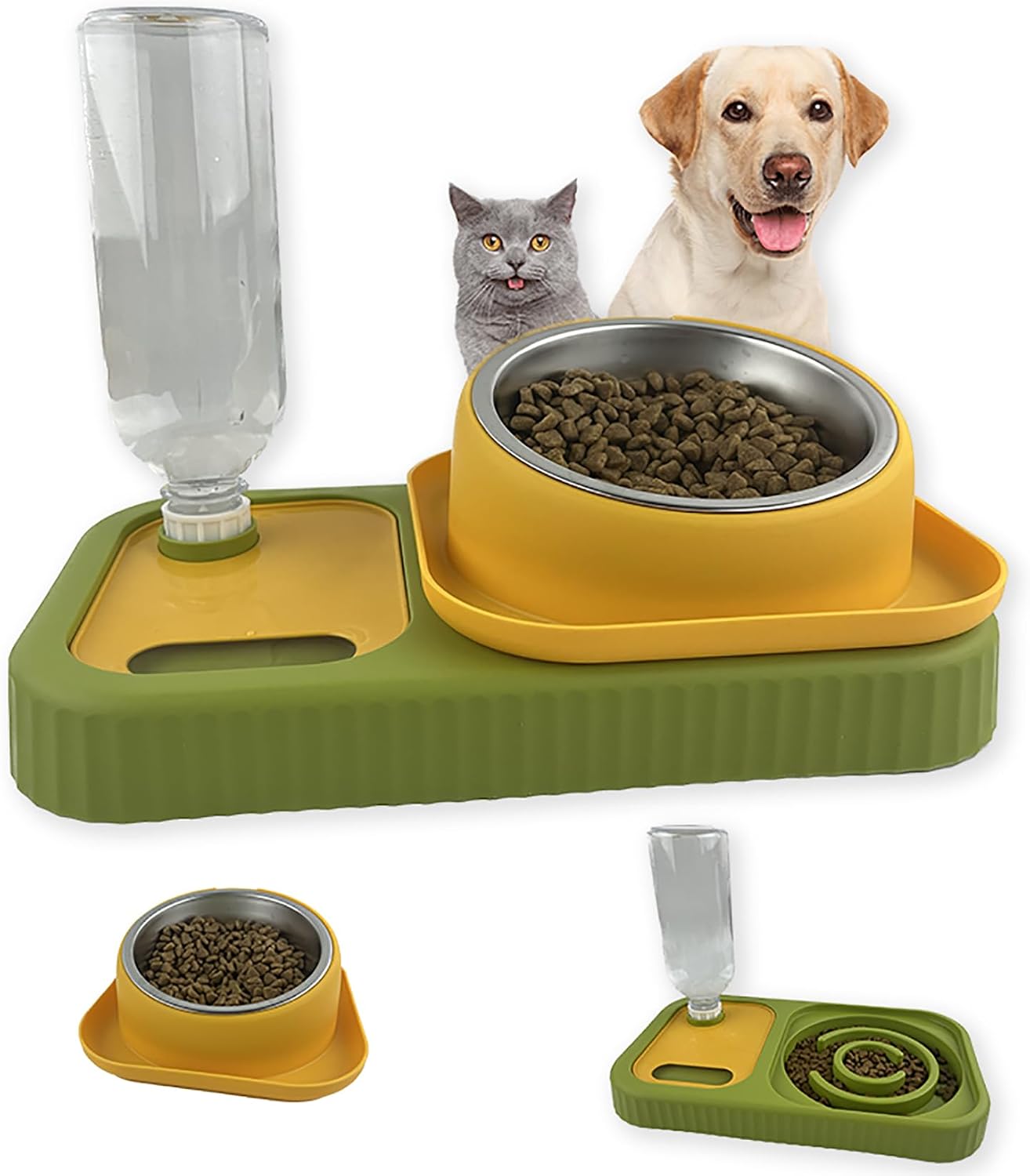 Cat Dog Food and Water Bowl Set, Double Food Bowls with Automatic Gravity Water Bottle, Raised Slow Feeder, Detachable Stainless Steel Bowl, 15°Tilt Elevated No Spill Dispenser (Yellow+Green)