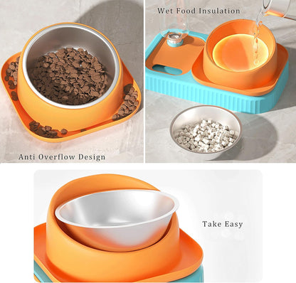 Cat Dog Food and Water Bowl Set, Double Food Bowls with Automatic Gravity Water Bottle, Raised Slow Feeder, Detachable Stainless Steel Bowl, 15°Tilt Elevated No Spill Dispenser (Yellow+Green)