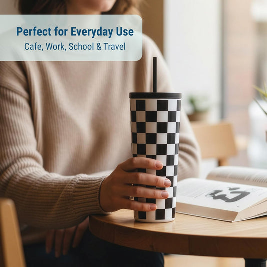 24 oz Insulated Tumbler with Straw, Lemons | 24 oz vacuum-insulated tumbler with reusable straw and spill-resistant lid · fits most car cup holders
