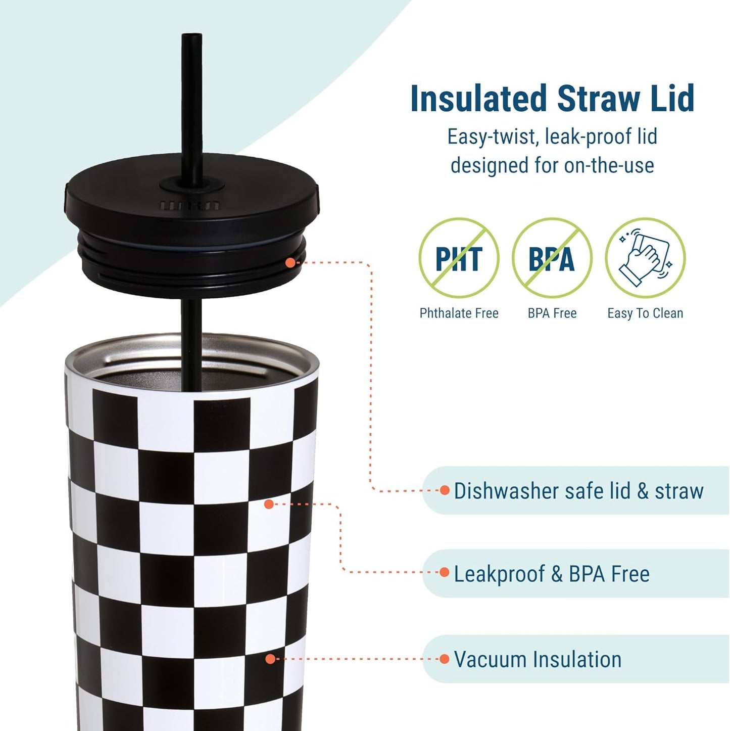 24 oz Insulated Tumbler with Straw, Lemons | 24 oz vacuum-insulated tumbler with reusable straw and spill-resistant lid · fits most car cup holders