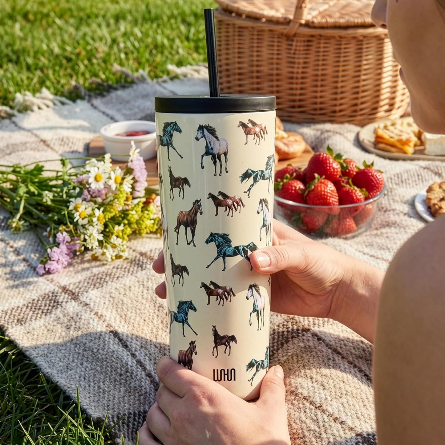 24 oz Insulated Tumbler with Straw, Lemons | 24 oz vacuum-insulated tumbler with reusable straw and spill-resistant lid · fits most car cup holders