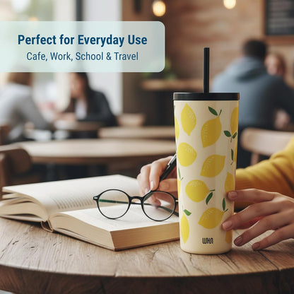 24 oz Insulated Tumbler with Straw, Lemons | 24 oz vacuum-insulated tumbler with reusable straw and spill-resistant lid · fits most car cup holders