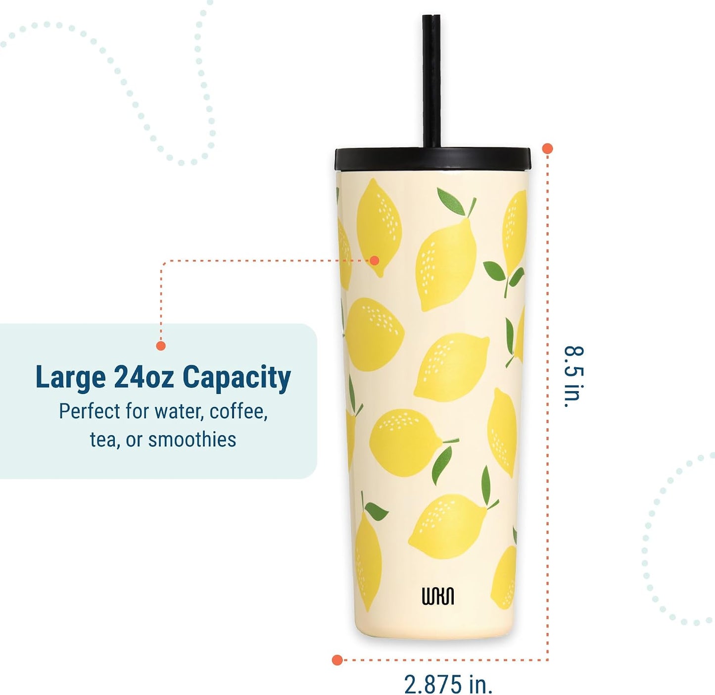 24 oz Insulated Tumbler with Straw, Lemons | 24 oz vacuum-insulated tumbler with reusable straw and spill-resistant lid · fits most car cup holders