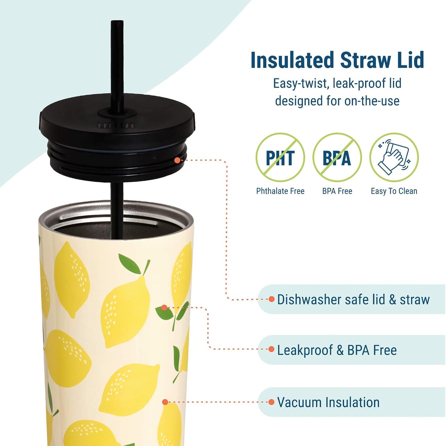 24 oz Insulated Tumbler with Straw, Lemons | 24 oz vacuum-insulated tumbler with reusable straw and spill-resistant lid · fits most car cup holders