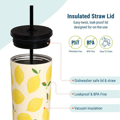 24 oz Insulated Tumbler with Straw, Lemons | 24 oz vacuum-insulated tumbler with reusable straw and spill-resistant lid · fits most car cup holders