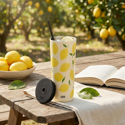 24 oz Insulated Tumbler with Straw, Lemons | 24 oz vacuum-insulated tumbler with reusable straw and spill-resistant lid · fits most car cup holders