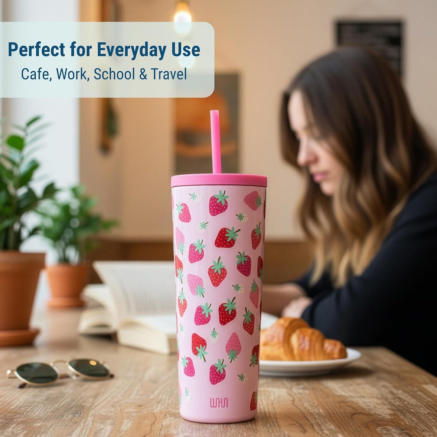 24 oz Insulated Tumbler with Straw, Lemons | 24 oz vacuum-insulated tumbler with reusable straw and spill-resistant lid · fits most car cup holders