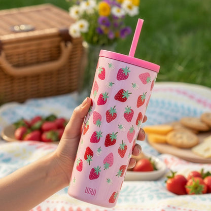 24 oz Insulated Tumbler with Straw, Lemons | 24 oz vacuum-insulated tumbler with reusable straw and spill-resistant lid · fits most car cup holders