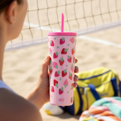 24 oz Insulated Tumbler with Straw, Lemons | 24 oz vacuum-insulated tumbler with reusable straw and spill-resistant lid · fits most car cup holders