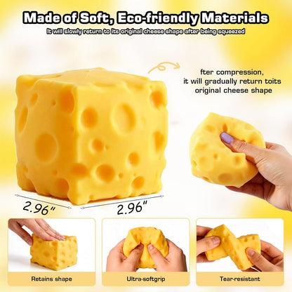 Cheese Squishy Toys, Slow Rising Stress Relief Gifts for Adults, 2.96 Inch | Soft Cheese Squishy Help Calm Anxiety. Easy to Clean, Portable, Safe TPR Material. Ideal for Office Home Travel, Yellow