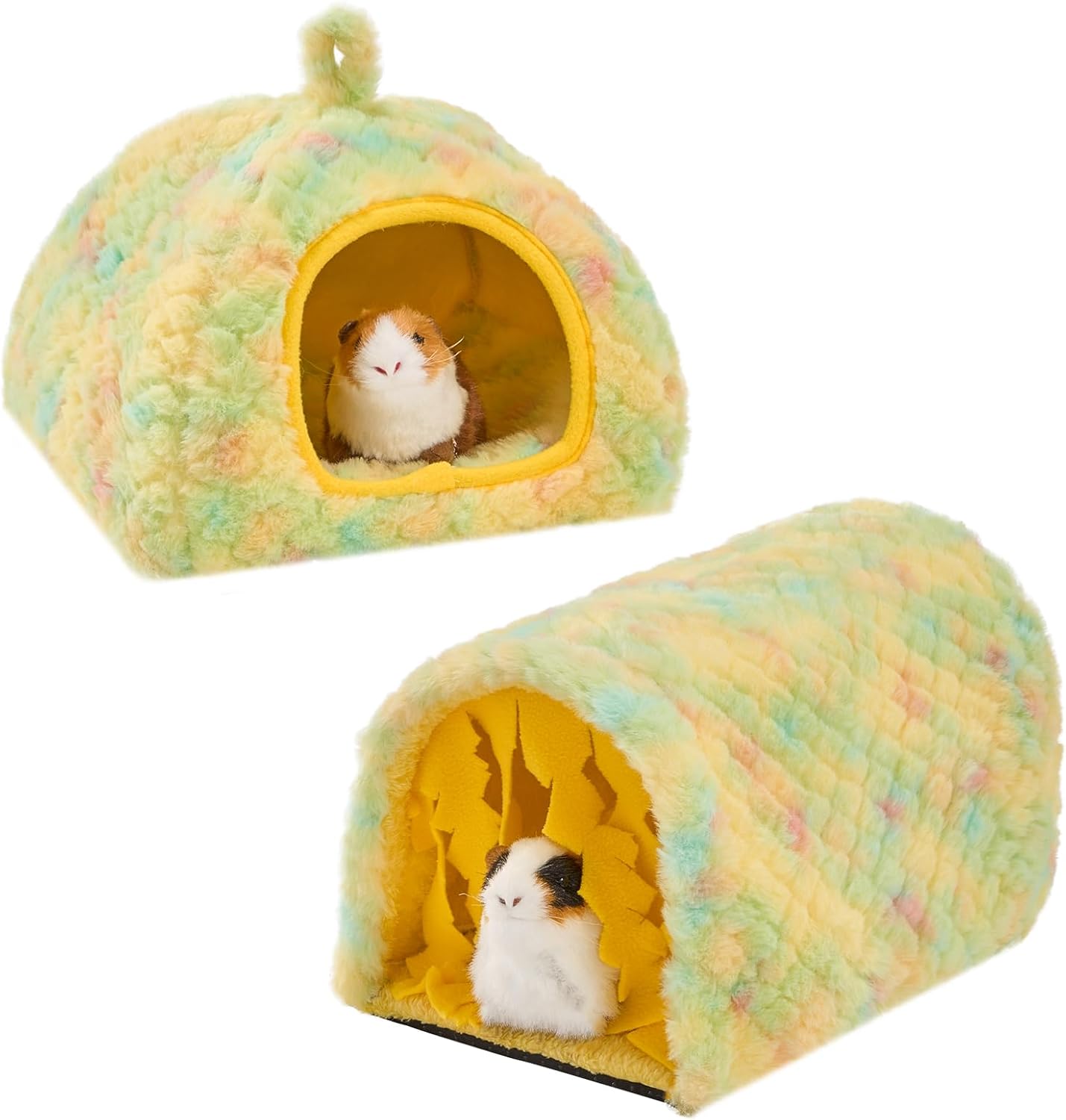 2-Pack Guinea Pig Tunnel & Hideout Bed Set | Washable Hideout & Tunnel Set, Breathable Fleece, Dual Entrances, Removable Pad, Blue or Yellow