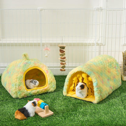 2-Pack Guinea Pig Tunnel & Hideout Bed Set | Washable Hideout & Tunnel Set, Breathable Fleece, Dual Entrances, Removable Pad, Blue or Yellow