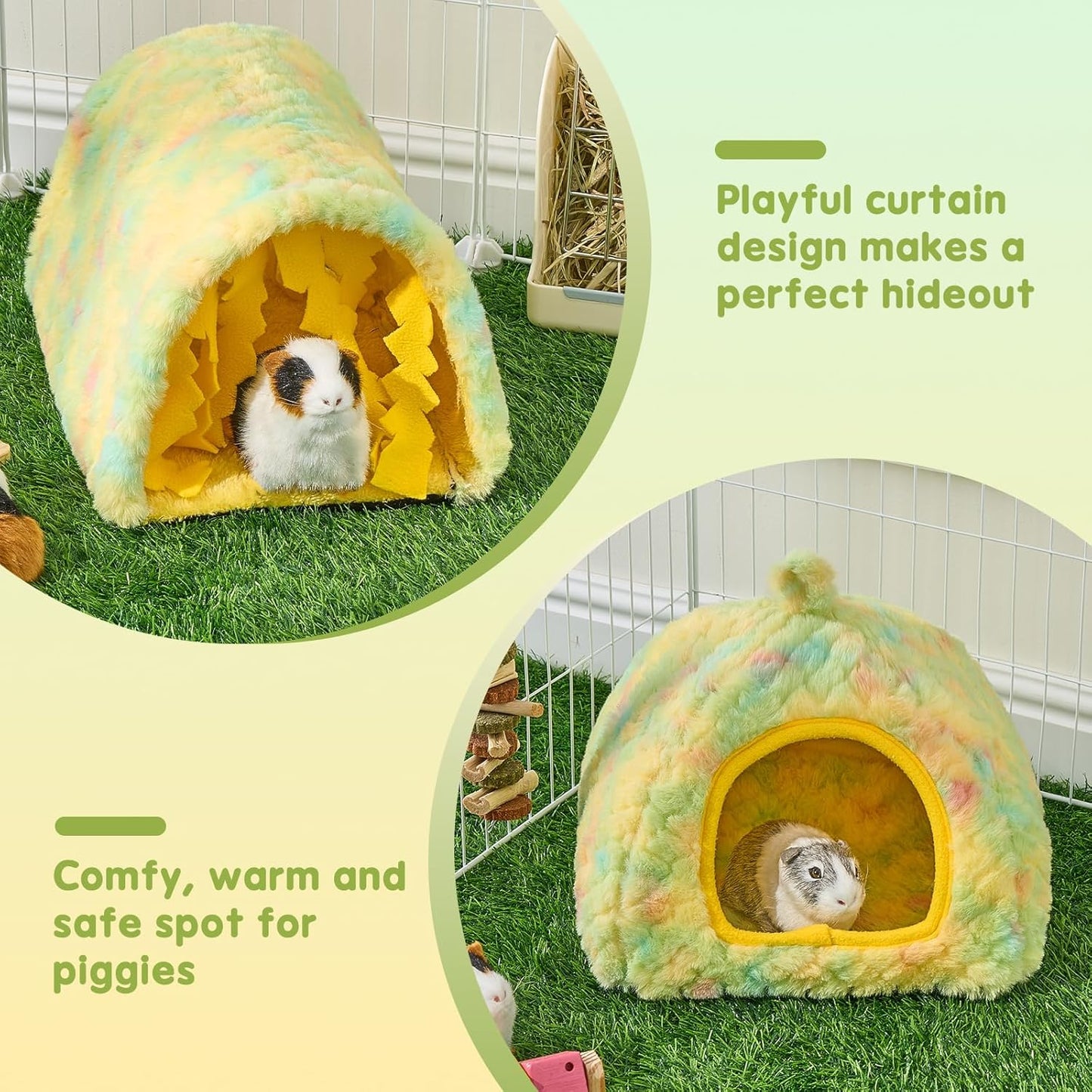 2-Pack Guinea Pig Tunnel & Hideout Bed Set | Washable Hideout & Tunnel Set, Breathable Fleece, Dual Entrances, Removable Pad, Blue or Yellow