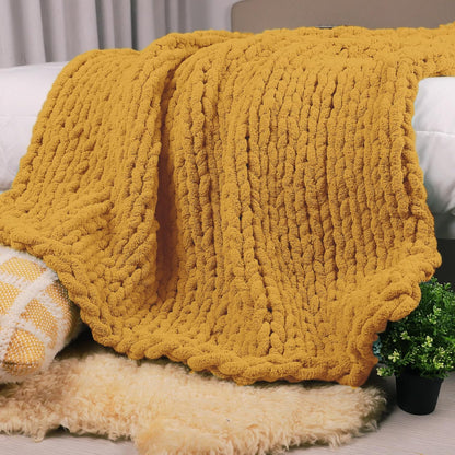 Chunky Knit Throw Blanket 60" X 80" Twin, 100% Hand Made Large Chenille Loop Yarn Soft Fluffy Throws for Couch Sofa Bed, Big Crochet Cozy Heavy Thick Cable Woven Blanket, Yellow