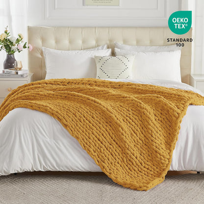 Chunky Knit Throw Blanket 60" X 80" Twin, 100% Hand Made Large Chenille Loop Yarn Soft Fluffy Throws for Couch Sofa Bed, Big Crochet Cozy Heavy Thick Cable Woven Blanket, Yellow