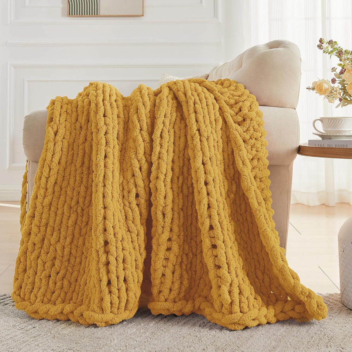 Chunky Knit Throw Blanket 60" X 80" Twin, 100% Hand Made Large Chenille Loop Yarn Soft Fluffy Throws for Couch Sofa Bed, Big Crochet Cozy Heavy Thick Cable Woven Blanket, Yellow