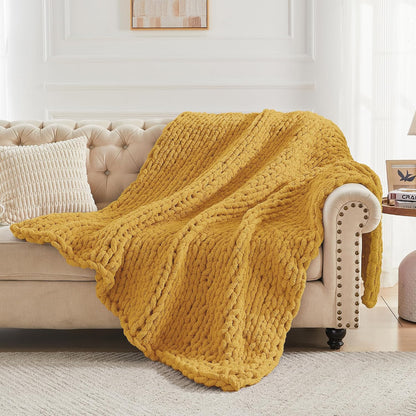 Chunky Knit Throw Blanket 60" X 80" Twin, 100% Hand Made Large Chenille Loop Yarn Soft Fluffy Throws for Couch Sofa Bed, Big Crochet Cozy Heavy Thick Cable Woven Blanket, Yellow